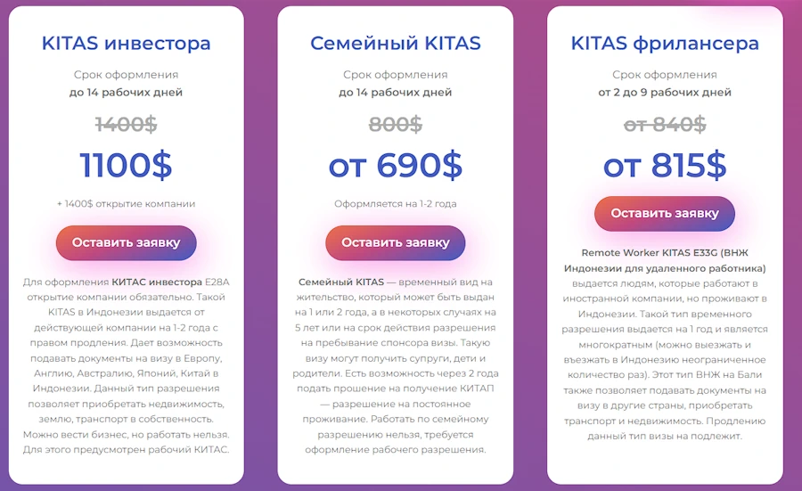 Стоимость оформления ITAS у в агентстве Bali Love:
