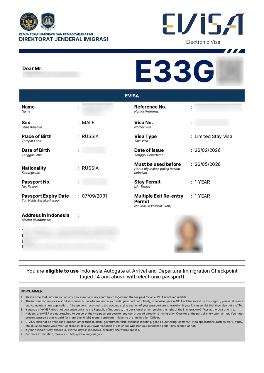 Кейс оформления двух виз E33G через eVisa для клиентов, которые работают удаленно и живут на Бали